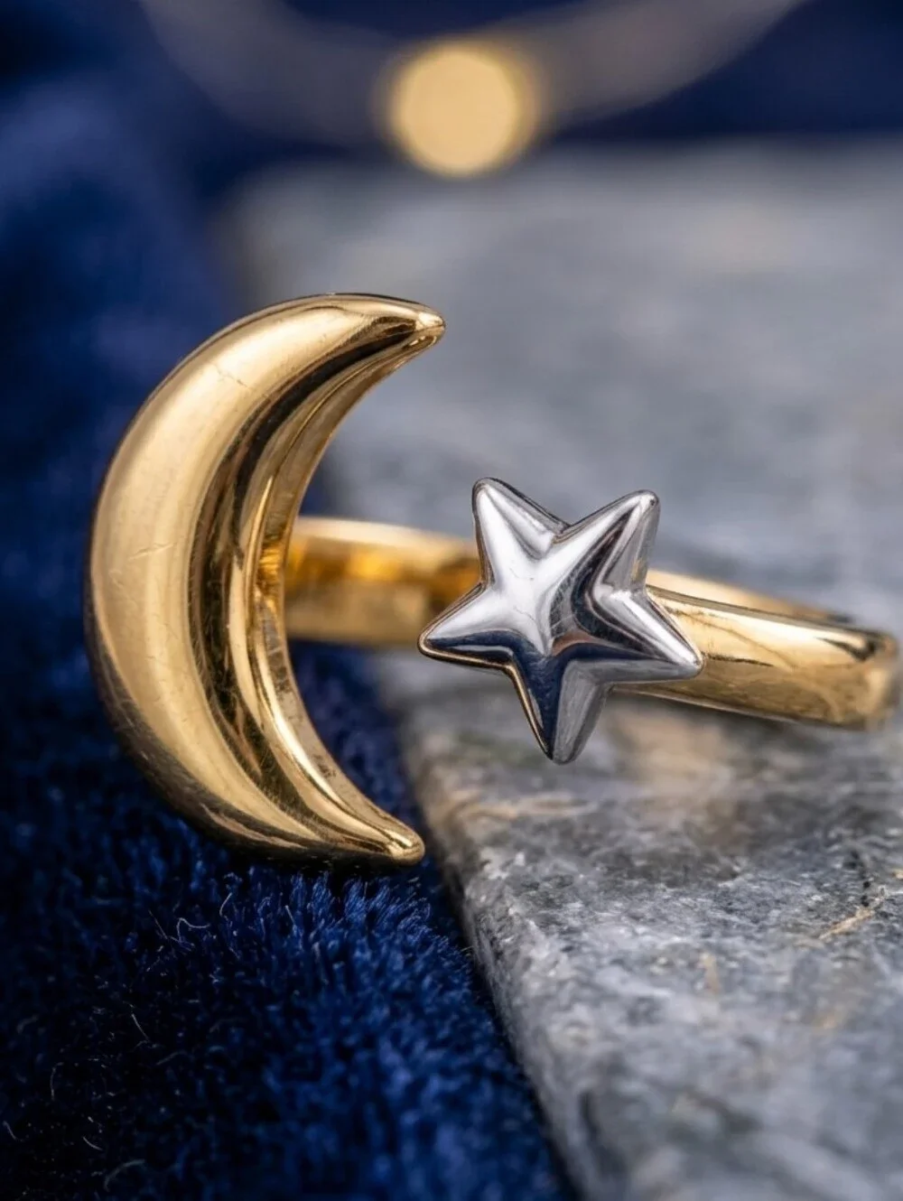 Two-Tone Moon Star Celestial Ring 18K Gold Plated Stainless Steel Adjustable 7-9